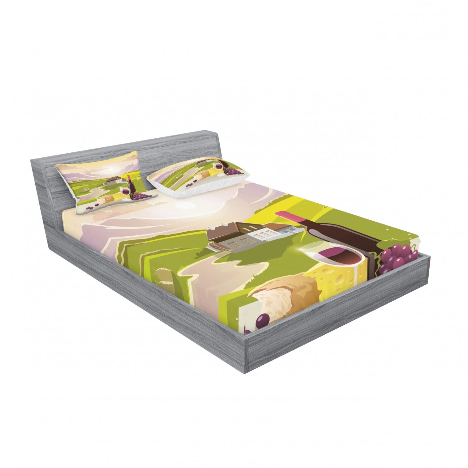 Ambesonne Winery 2-Pack Queen Size Fitted Sheet Set with 4 Pillow Shams - French Countryside Floral Design in Green, Purple & Cream - Soft Bedding Collection for Guest Rooms, Vacation Homes & Wine Themed Decor