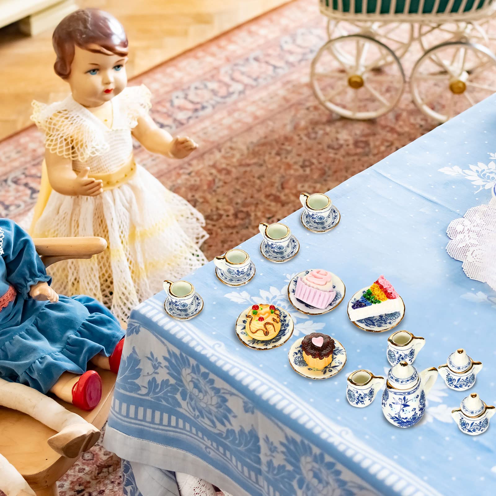 1:12 Scale Miniature Dollhouse Kitchen Accessories Set - 41 Pcs Retro Style Mini Porcelain Tea Cups, Plates, Cutlery & Dessert Decor for Dollhouse, DIY Crafts & Party Table Decoration