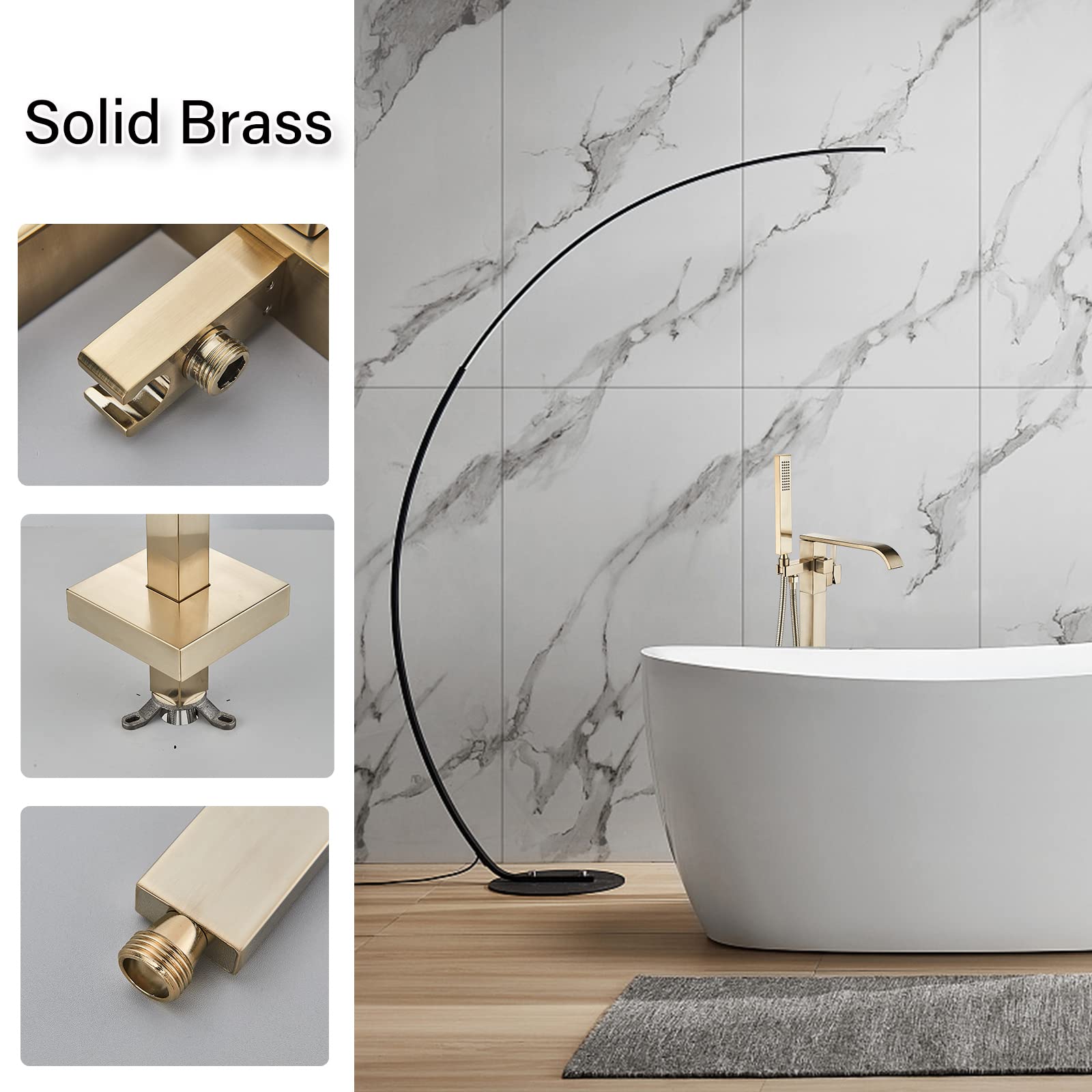 Freestanding Bathtub Faucet - Brushed Gold Floor Mount Waterfall Tub Filler with Hand Shower | High Flow Solid Brass 360° Swivel Standing Mixer Tap for Modern Bathroom | Perfect for Spa-Like Relaxation and Luxury Bathing Experience