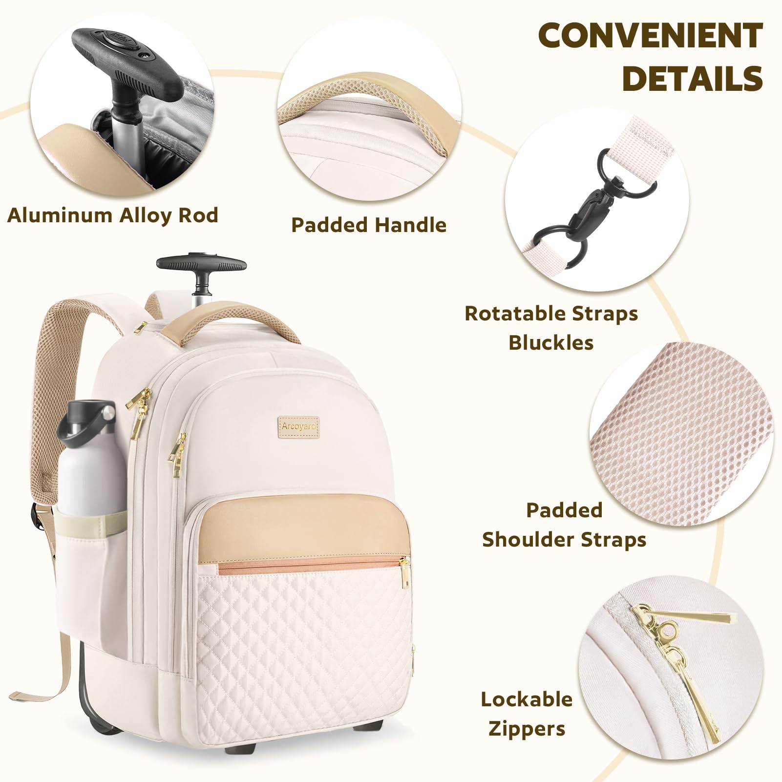 40L Rolling Backpack with Wheels for Women & Adults - Wheeled Travel Backpack Carry On Luggage - Perfect for Air Travel, Commuting & Outdoor Adventures (Beige)