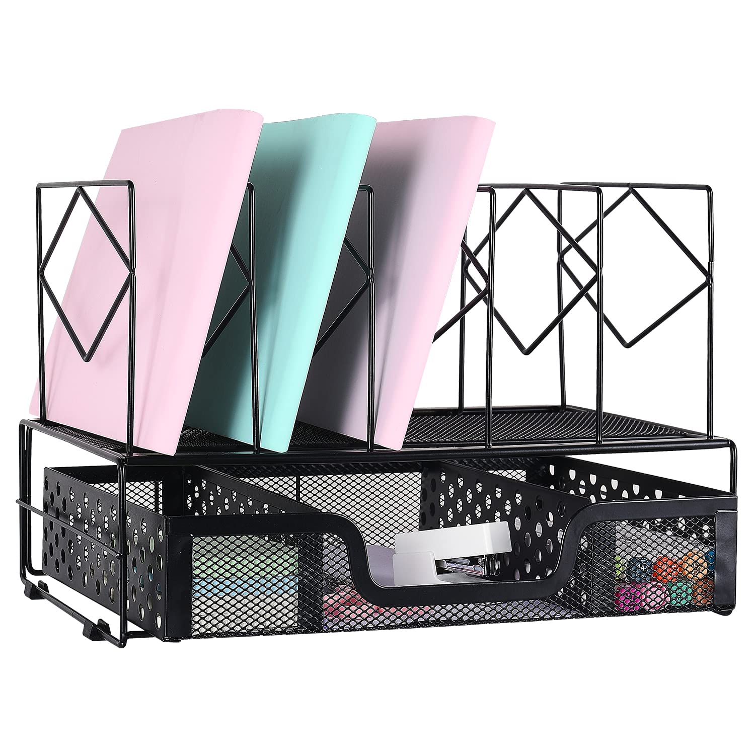 AUPSEN Black Desk Organizer with 5 Vertical File Sorters & Drawer - Office Supplies Storage for Papers, Devices, Folders | Perfect for Home Office, School & Workspace Organization