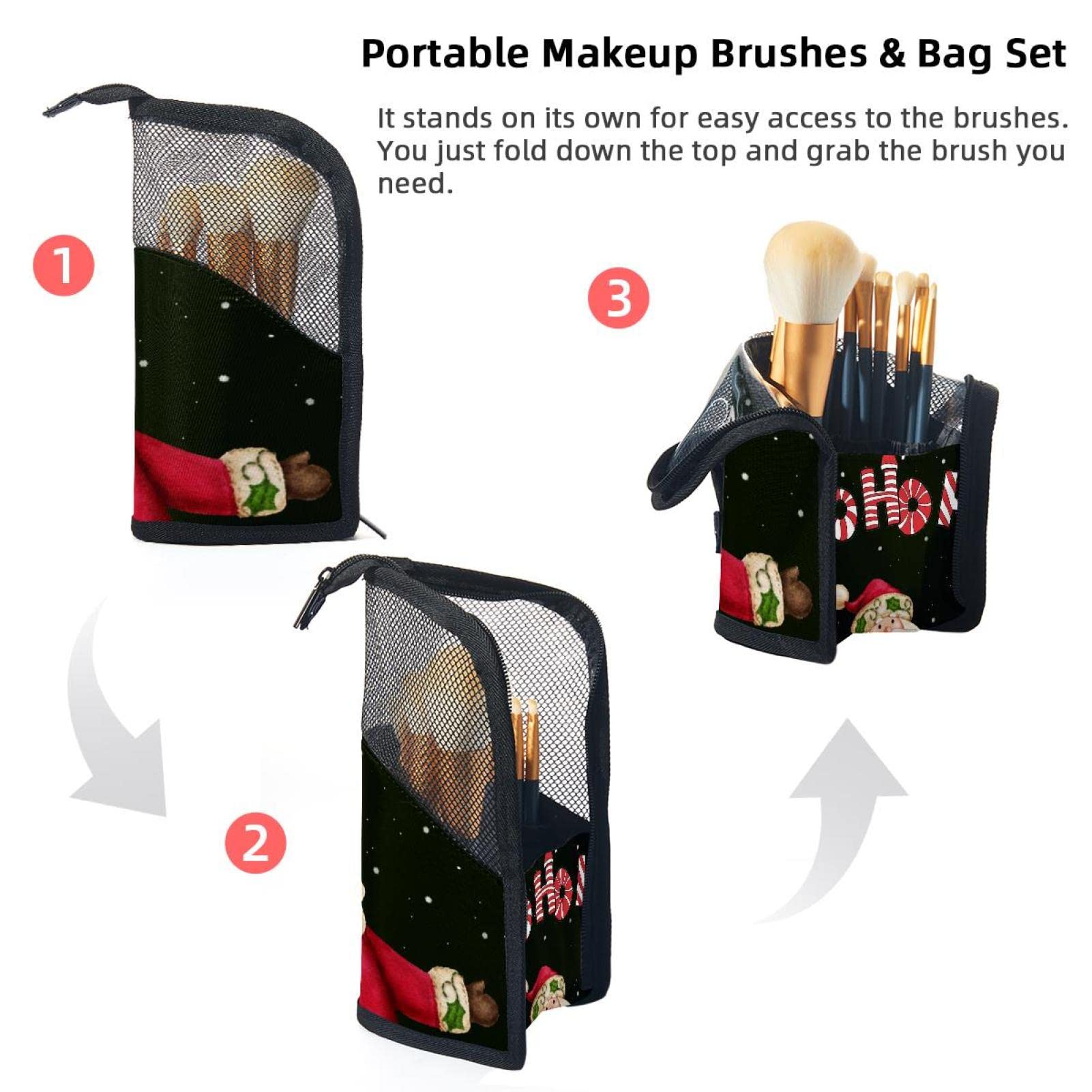 12-Piece Makeup Brush Organizer Bag with Retro Santa Claus Design - Portable Cosmetic Brush Holder Case for Travel, Home & Professional Makeup Artists