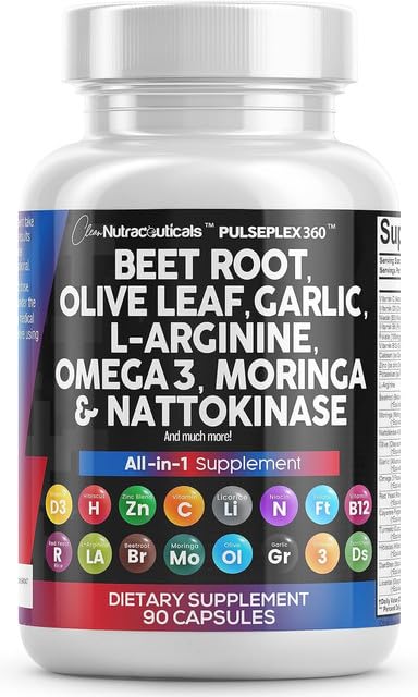 Premium Beet Root Capsules with Olive Leaf, Nattokinase, Garlic Extract & Heart-Healthy Supplements - L-Arginine, Omega 3, Red Yeast Rice, Hibiscus, Danshen - 90 Count for Cardiovascular & Blood Pressure Support - Perfect for Daily Wellness Routine & Active Lifestyle