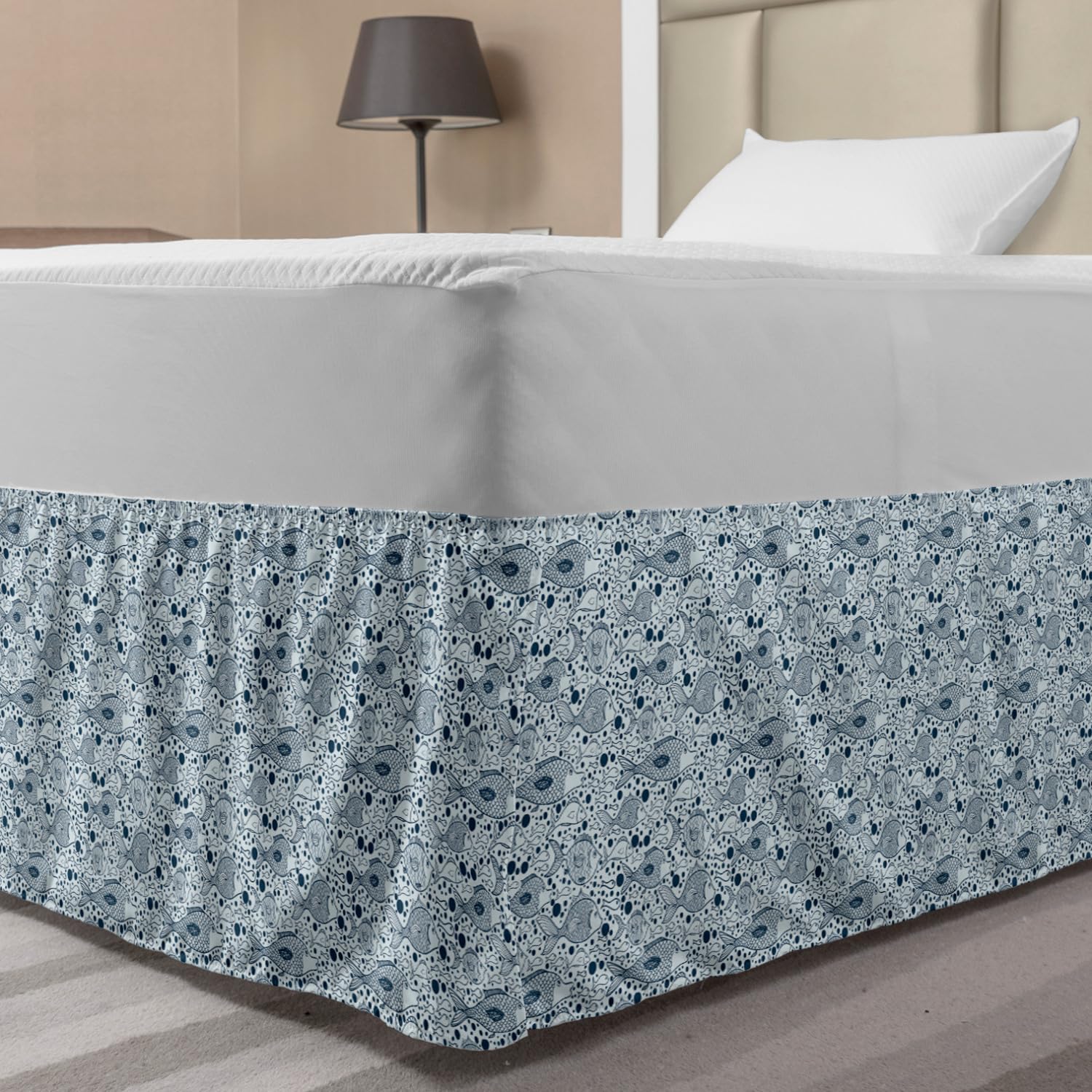 Ambesonne Blue Bed Skirt with Fish & Bubbles Underwater Sea Life Design - Elastic Dust Ruffle Wrap for Twin/Twin XL Beds - Funky Ocean Art Bedding Decor - Perfect for Kids' Rooms & Coastal Themed Bedrooms