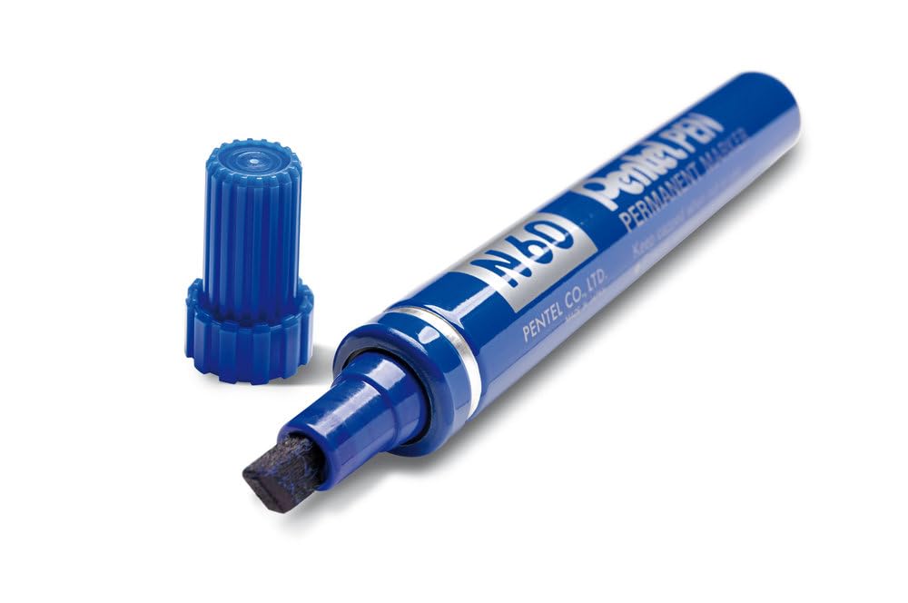 Pentel N60 Permanent Marker - Chisel Tip, Aluminum Barrel, Waterproof Blue Ink - Ideal for Labeling, Crafting & Industrial Use