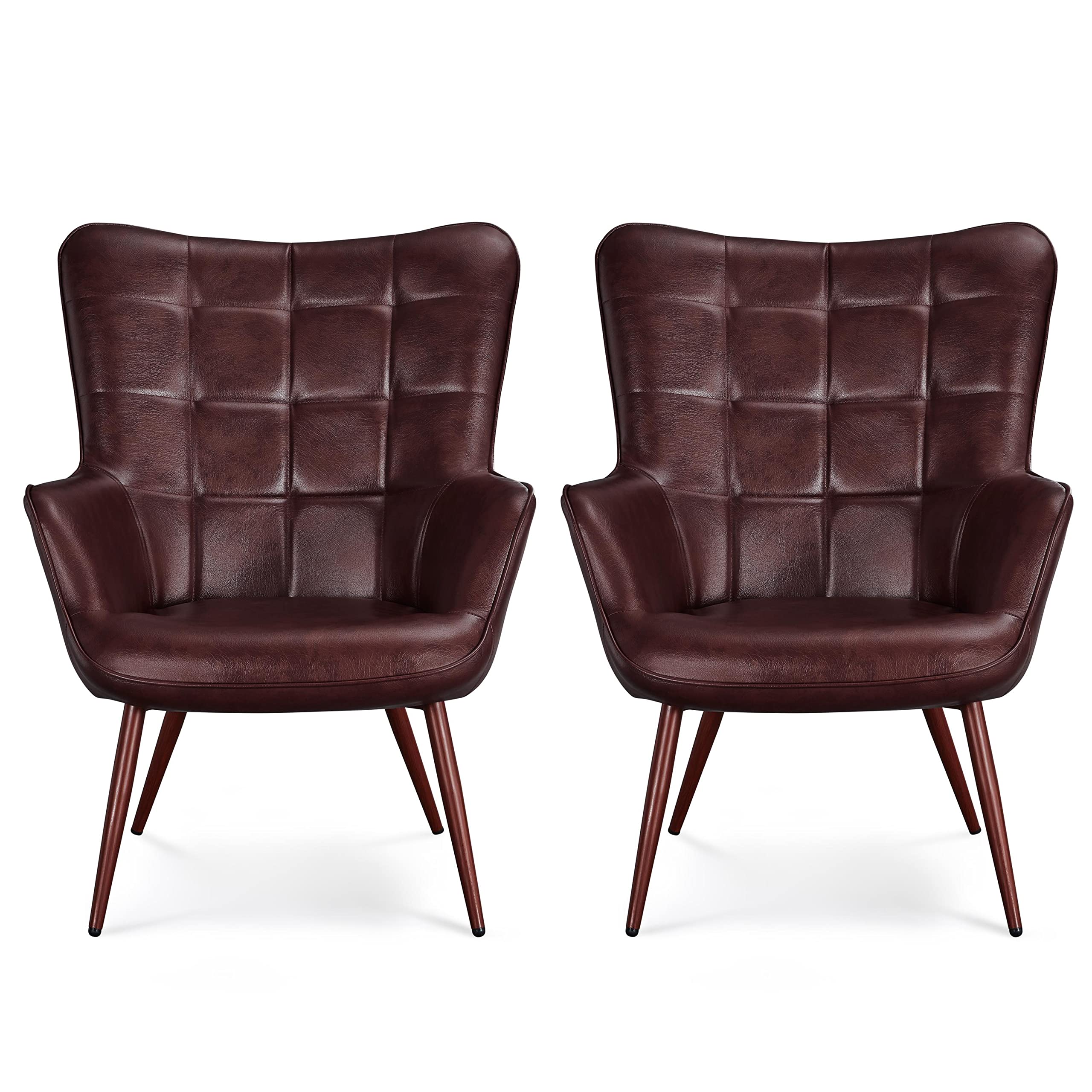 Yaheetech Mid-Century Modern PU Leather Armchair - Tufted High Back Accent Chair with Tapered Legs for Living Room, Home Office & Bedroom - Chestnut Brown (Set of 2) | Perfect for Reading Nooks, Cozy Corners & Contemporary Home Decor