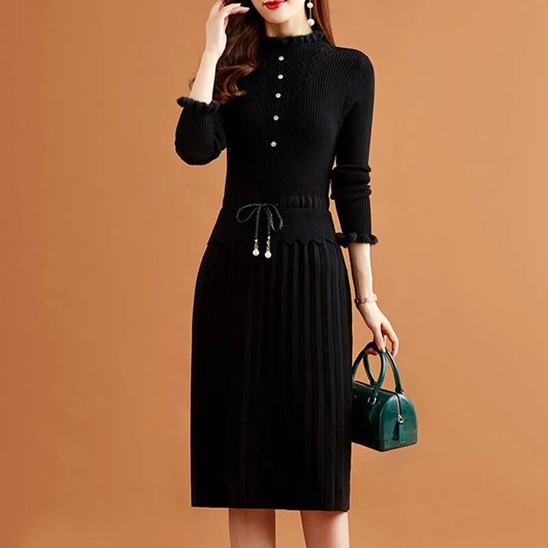 Vintage Knit Pleated Two-Piece Dress for Women - Long Sleeve Elegant Midi Sweater Dress Set, Fall Fashion Slim Fit Outfit | Perfect for Office, Date Night & Autumn Layering