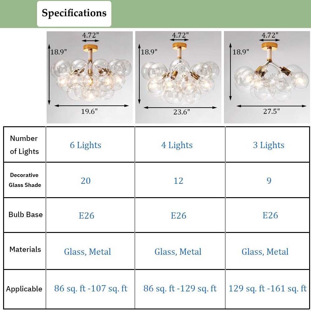 Modern Flush Mount Ceiling Light with Clear Glass Bubble Globes - Gold Chandelier for Dining Room, Entryway, or Foyer - 4-Light Fixture - Perfect for Home Decor, Restaurants, and Hotel Lobbies