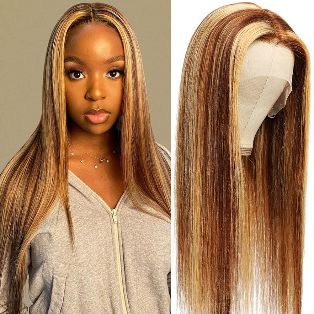 Subella HD Transparent Highlight Lace Front Wigs 18inch Brazilian Human Hair for Black Women - 180% Density 4/27 Straight Pre Plucked Hairline with Baby Hair - Perfect for Daily Wear, Parties & Special Occasions