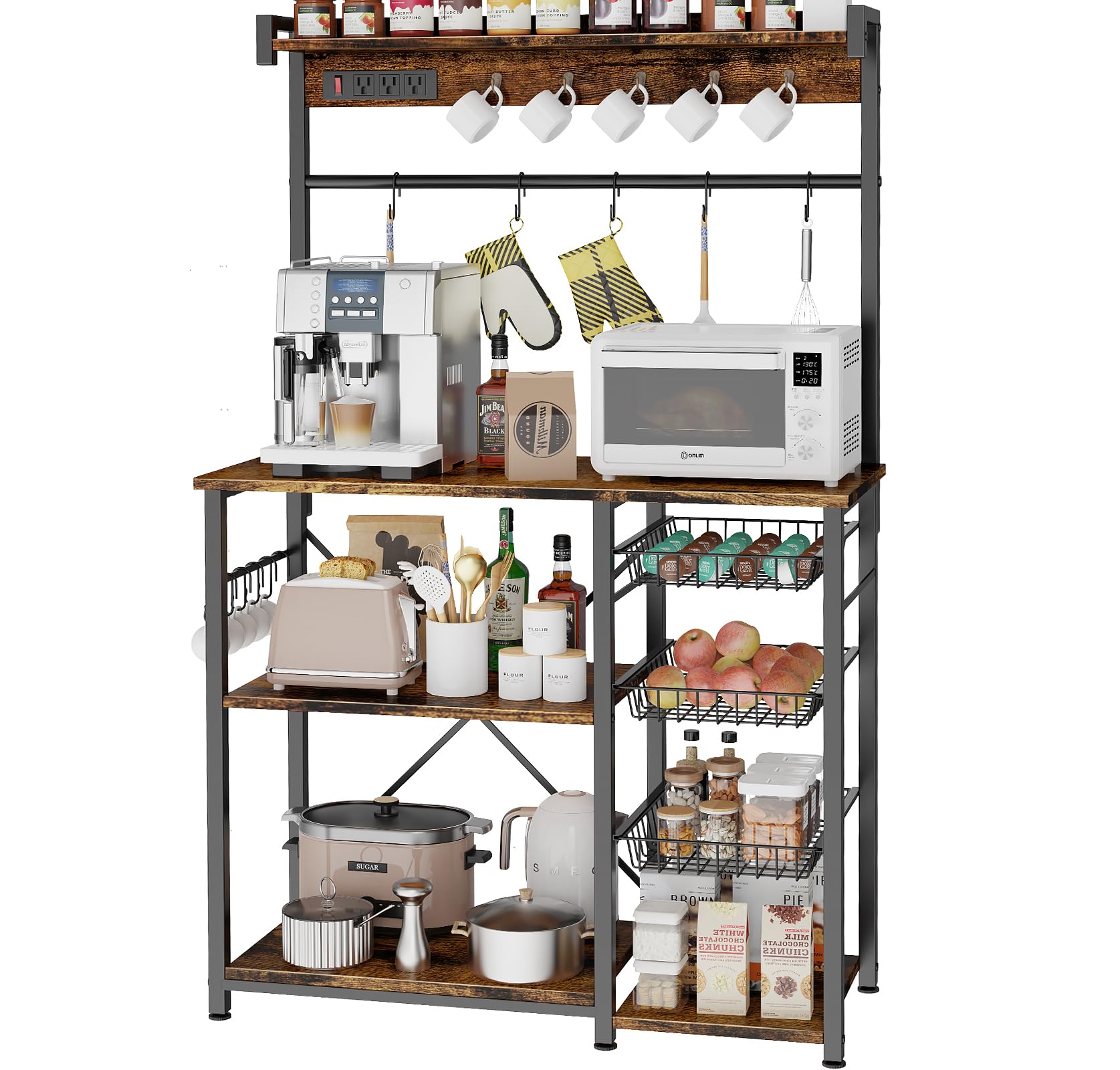 Kalrin Large Bakers Rack with Power Outlets - 3-Tier Kitchen Storage Shelf with 15 Hooks & Wire Baskets - Microwave Stand for Coffee Bar, Spices, Pots, Cups - Rustic Brown (38.8
