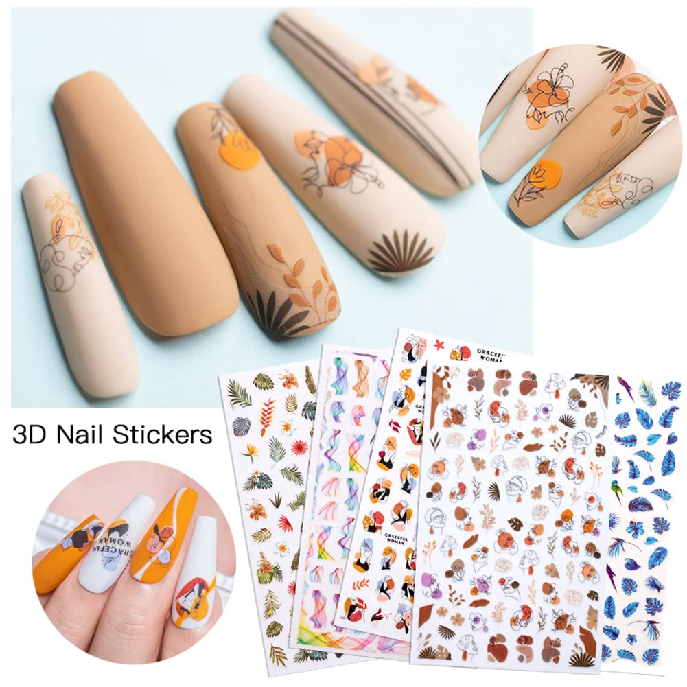 5 Sheets French Nail Art Stickers - Floral Leaves 3D Self-Adhesive Nail Decals for Women | Colorful Wavy Stripe & Abstract Leaf Designs | Perfect for Manicure, Pedicure, Nail Salon & DIY Home Nail Art