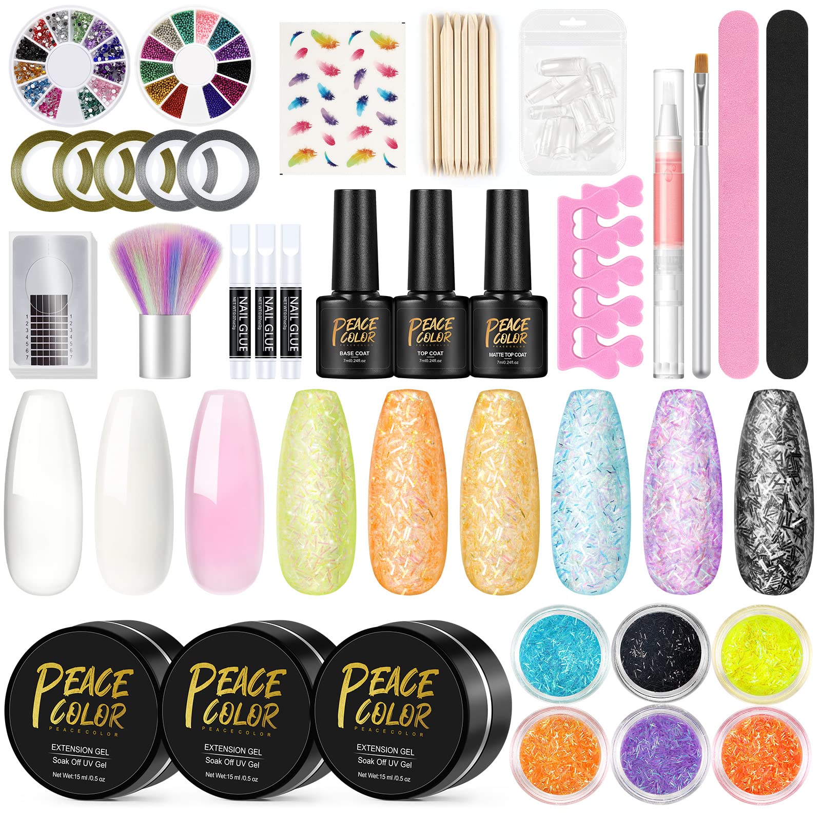 Peacecolor UV Nail Gel Kit - 20 PCS White Pink Transparent Base Coat, Top Matte Coat & Nail Templates with Rhinestones | Professional Nail Manicure Tools for Salon & Home Nail Art Design | Perfect for DIY Manicures, Bridal Nails & Party Nail Designs
