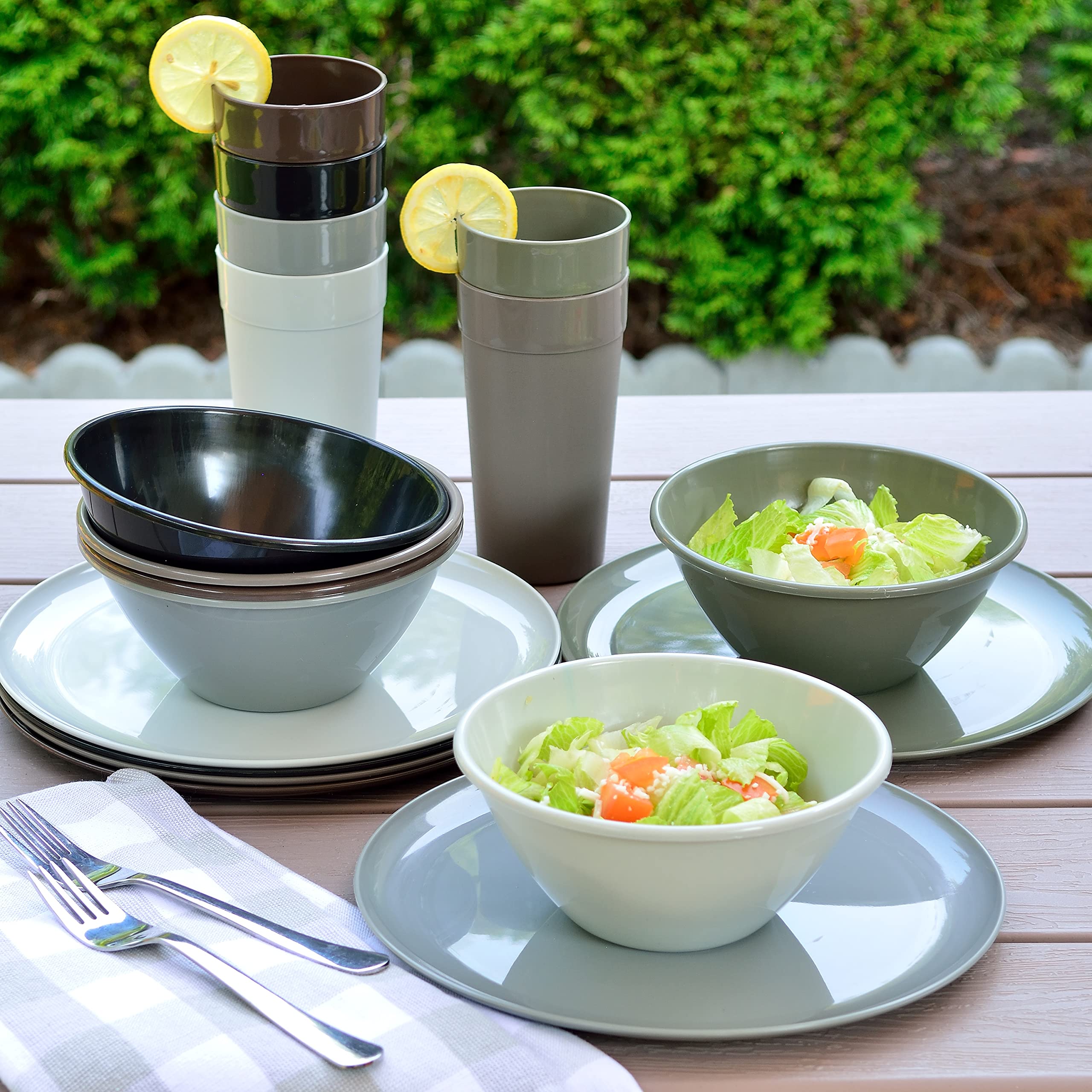 Youngever 18-Piece Plastic Dinnerware Set - 6 Plates, Bowls & Cups for Kitchen, Camping & Outdoor Use (Urban Colors) | Durable & Lightweight Dish Set for Parties, Picnics & Daily Dining