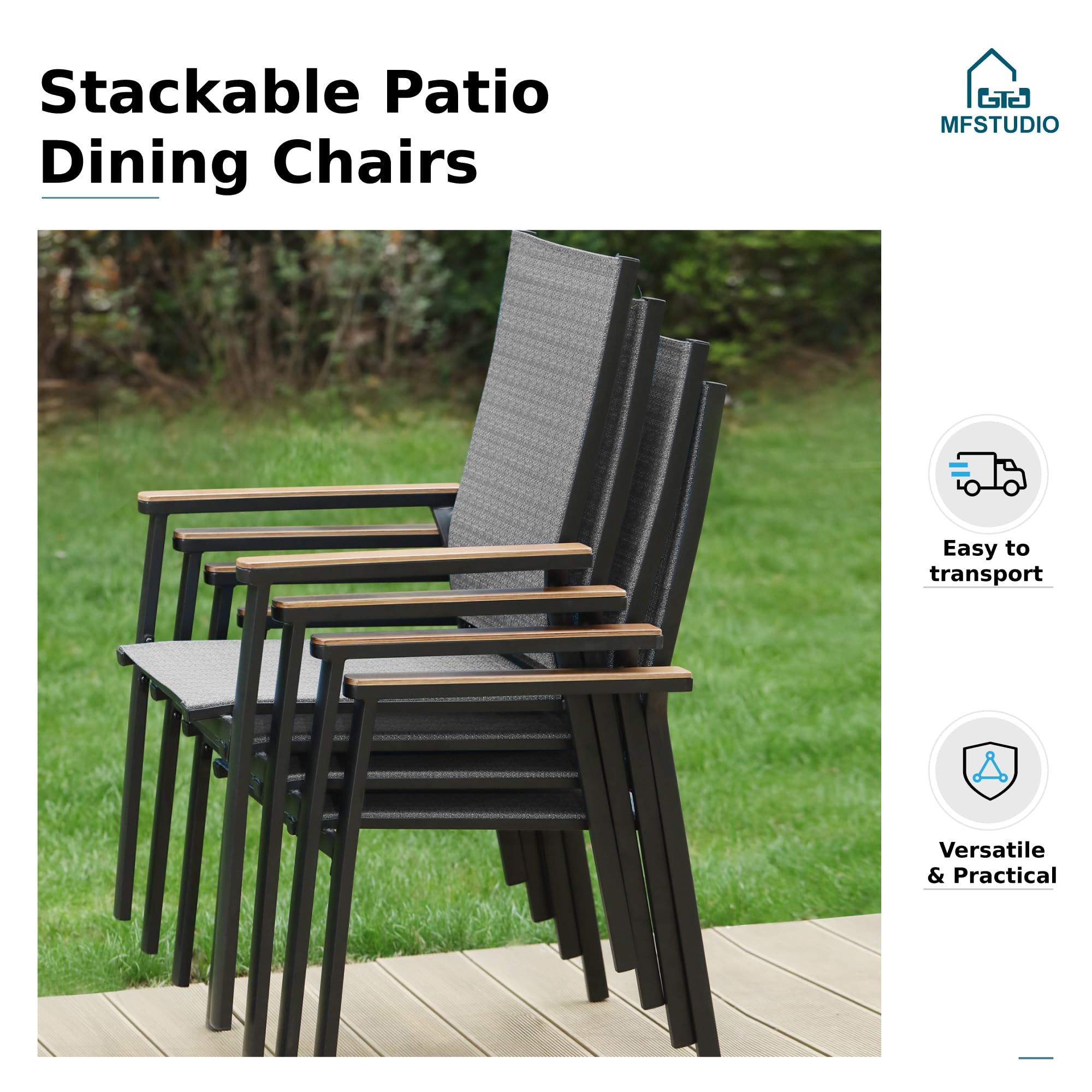 MFSTUDIO 5-Piece Outdoor Patio Dining Set - 4 Stackable Aluminum Armchairs (Grey) & 1 Heavy Duty Square Table - Weather-Resistant Backyard, Garden, Poolside Furniture for Dining & Relaxing