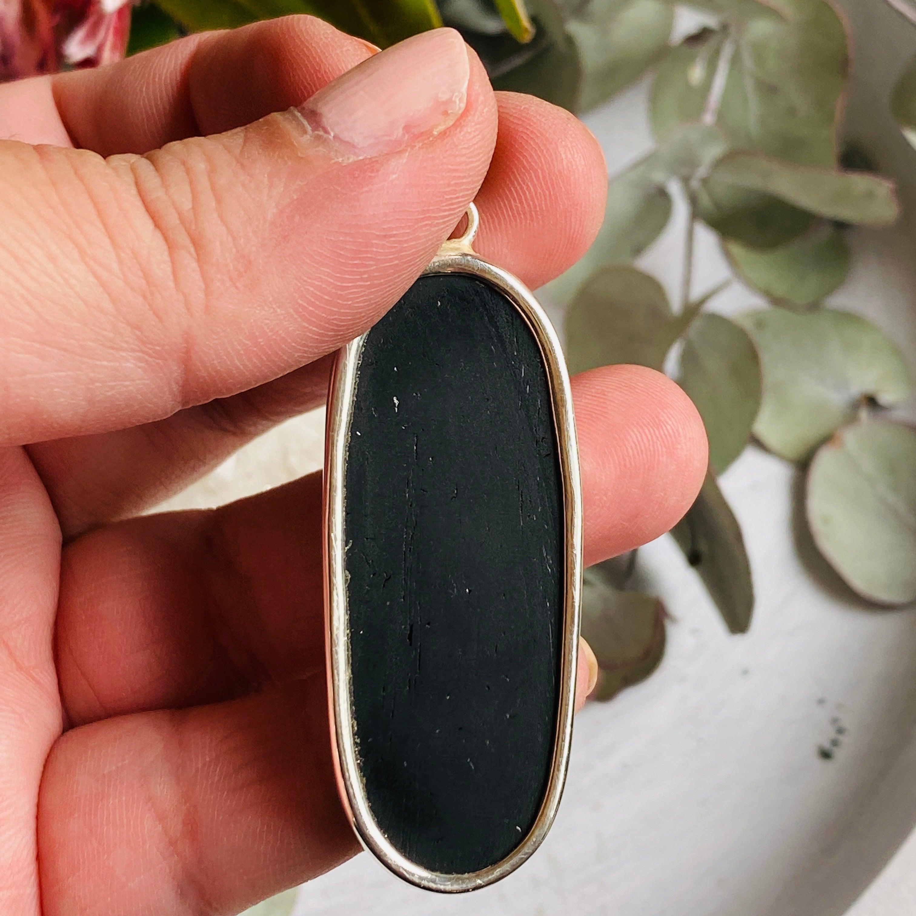 Natural Black Tourmaline Raw Oval Pendant Necklace KPGJ2551 - Protection Crystal Jewelry for Meditation & Energy Healing