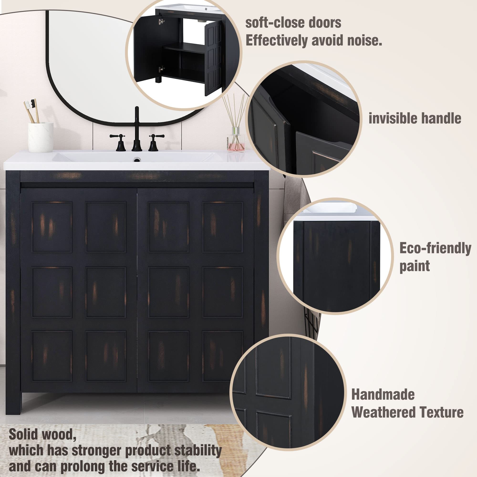 P PURLOVE 36 Inch Modern Bathroom Vanity with Sink Top Combo Set - Single Bathroom Cabinet with Adjustable Shelf, Soft Closing Doors & Wooden Finish - Perfect for Small Bathrooms, Powder Rooms & Home Renovations