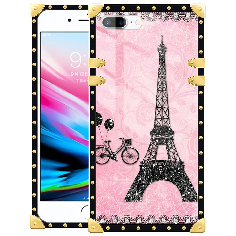 Luxury Pink Roses Bling Paris iPhone 7/8/SE 2020 Case - Shockproof Protective Hard PC Back & Soft TPU Cover with Golden Decoration | Perfect for Everyday Use, Travel & Gift Giving