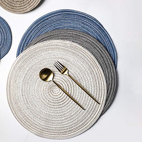 15 Inch Round Woven Placemats Set of 6 - Rustic Beige Linen Braided Table Mats for Dining, Farmhouse & Boho Style Kitchen Decor - Perfect for Dinner Parties, Holiday Gatherings & Everyday Use