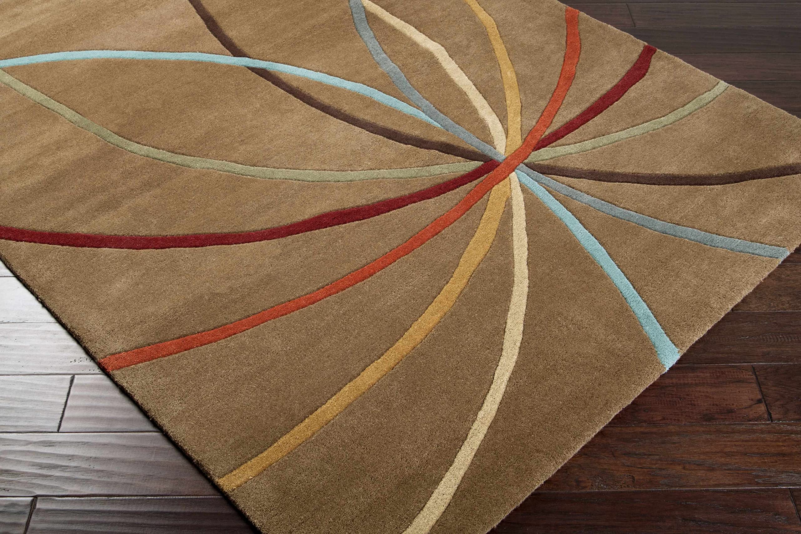 Hauteloom Davison Wool Area Rug for Living Room & Bedroom - Modern Round Rug in Brown, Blue, Red - 4' Diameter - Soft & Durable Home Decor for Cozy Spaces