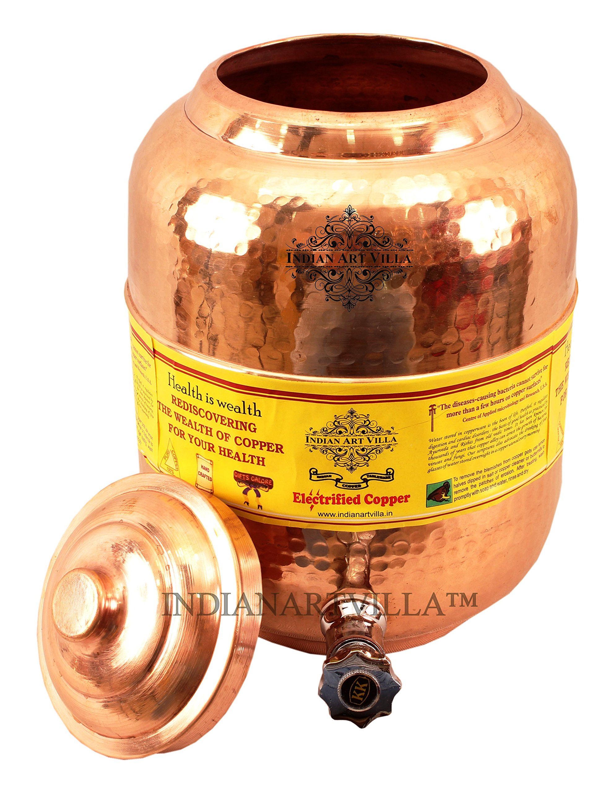 Handmade Pure Copper Water Dispenser 236oz & Storage Vessel Set with 10oz Copper Glass Cup | Indian Art Villa | Ayurvedic Water Benefits | Perfect for Home, Office & Yoga Practice