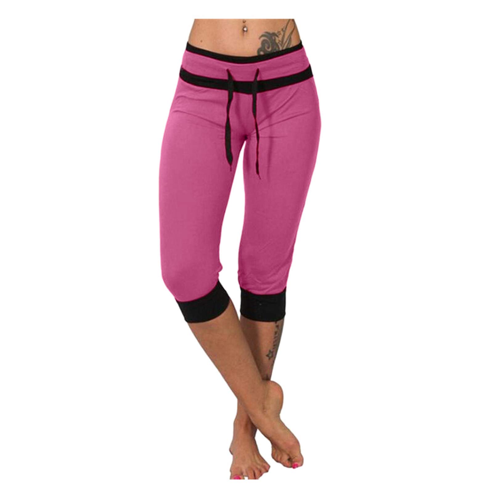 WUAI Women's Capri Yoga Sweatpants - Elastic Waist Drawstring Lounge Pants for Workout, Jogging & Casual Wear - Comfortable Cropped Workout Joggers (Hot Pink, Medium) - Perfect for Yoga, Gym, Running and Home Relaxation