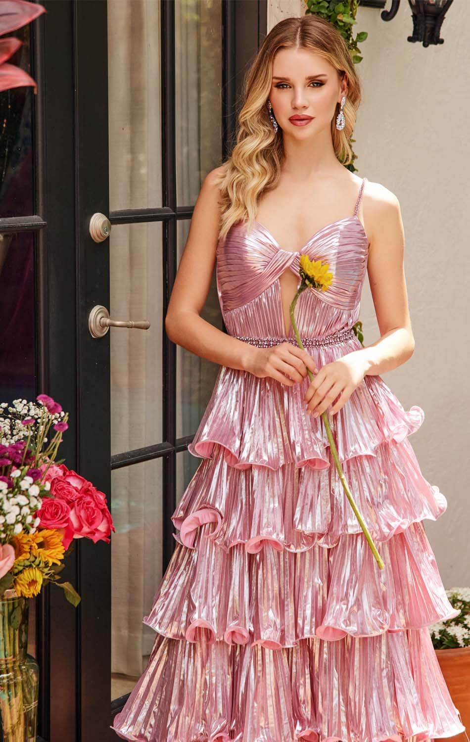 Ava Presley Metallic Tiered Keyhole Gown - Elegant Evening Dress for Prom, Wedding & Formal Events