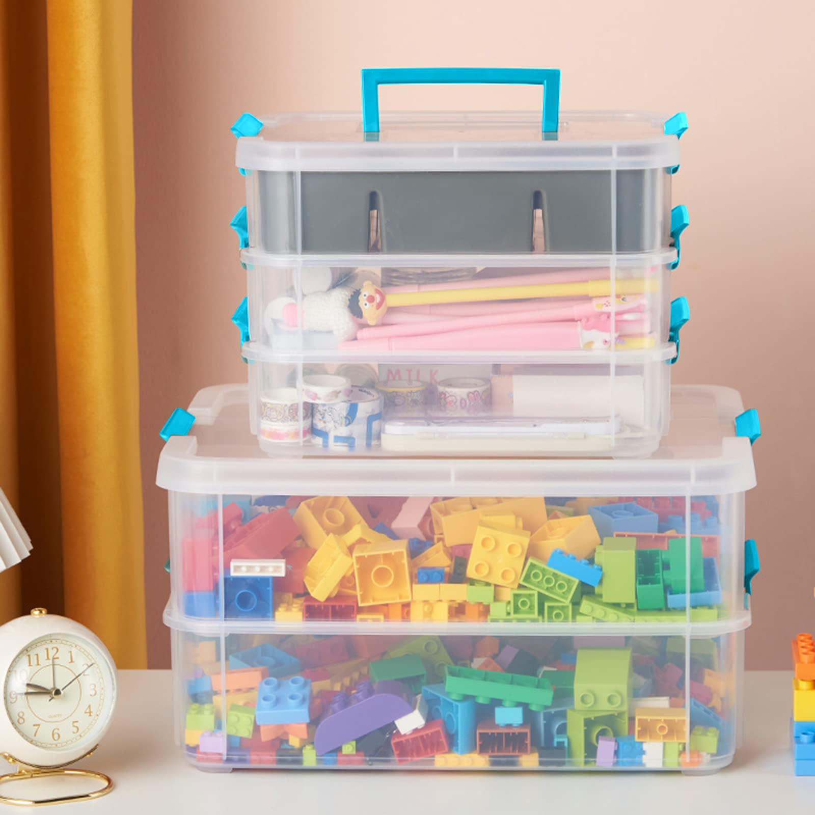 Yesland Large 2 Layer Stackable Storage Box with Handle - 13.75 x 10 x 7.5 Inch Plastic Craft Organizer Container for Stationery, Sewing, Art Supplies, Jewelry - Portable Stack & Carry Box for Home, Office, and DIY Projects