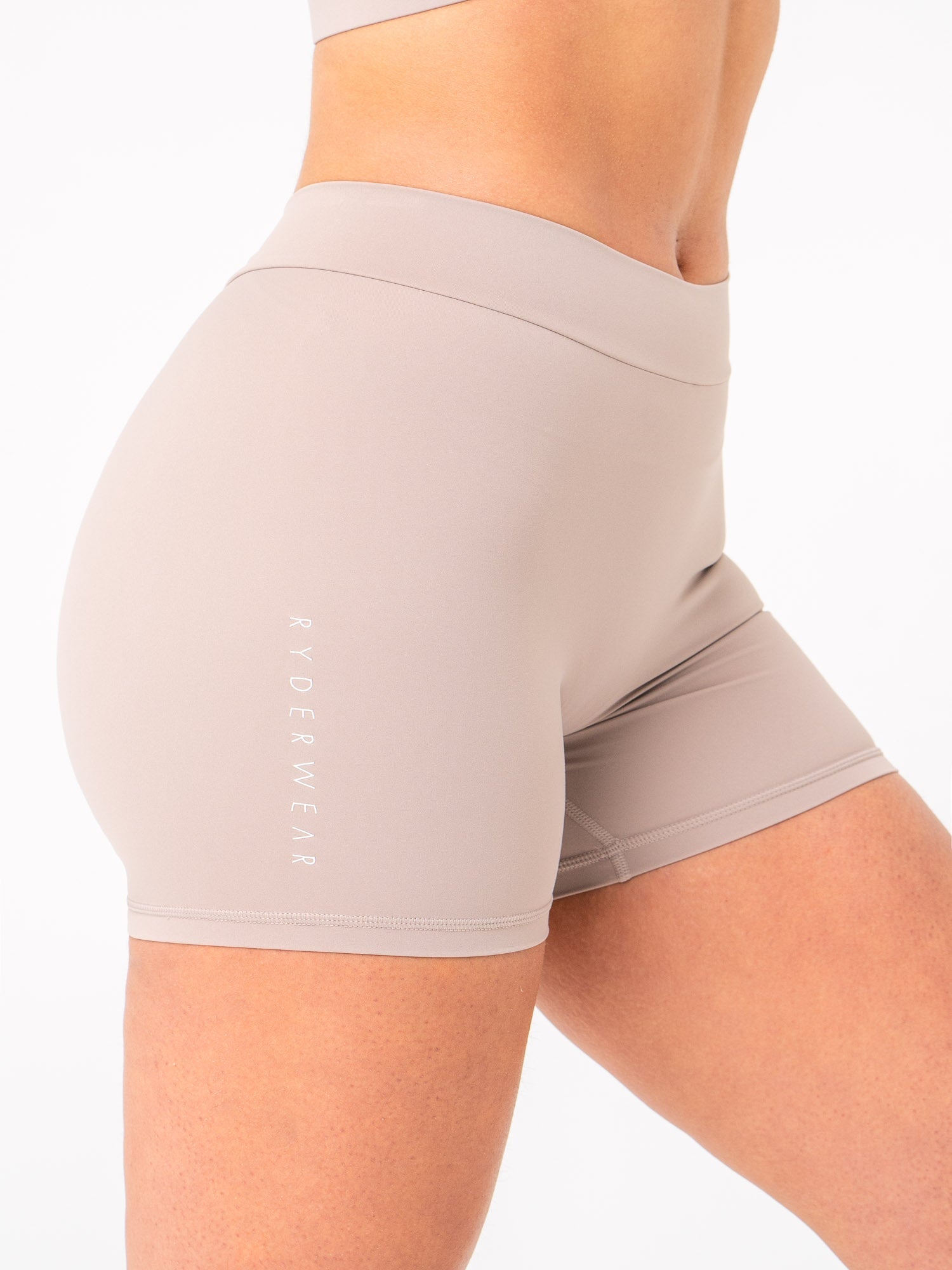 NKD V Scrunch Shorts in Taupe - High Waisted Workout & Lounge Shorts for Women | Perfect for Yoga, Running & Casual Wear