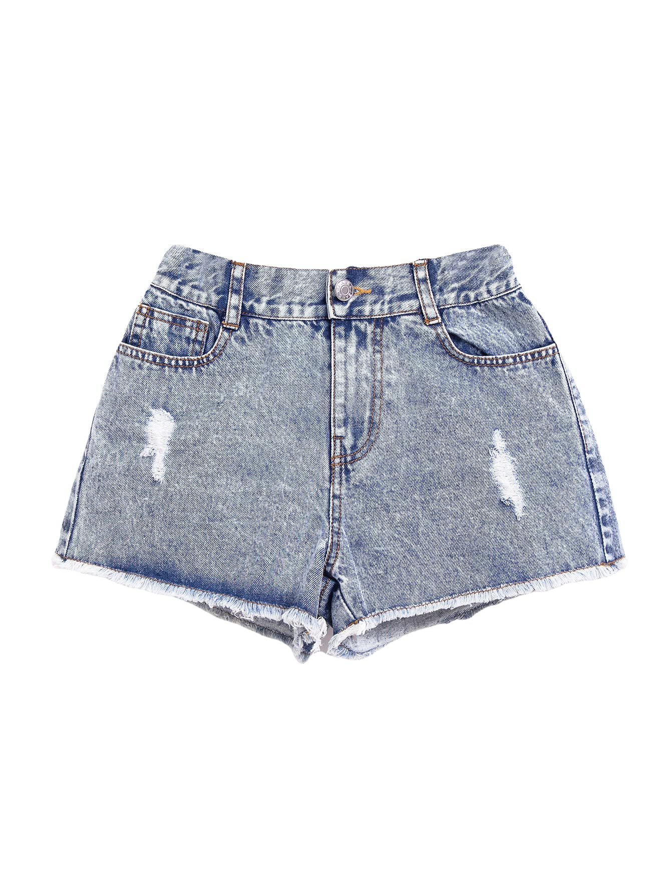 OYOANGLE Girls' Ripped Raw Hem Washed Denim Shorts - Straight Leg with Zipper Fly | Trendy Distressed Jeans for Casual Wear, Summer Outfits & Street Style Fashion