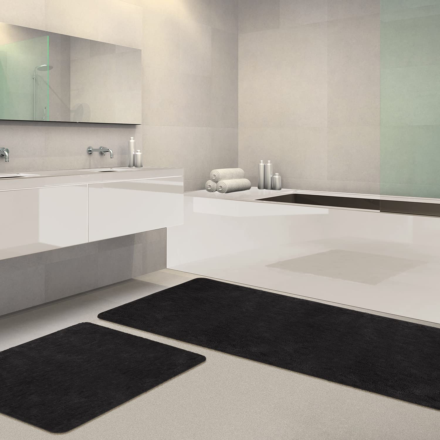 Non-Slip Black Bathroom Rug Set - Soft Microfiber Plush Mat (17x48 + 17x24 Inch) for Bath & Shower