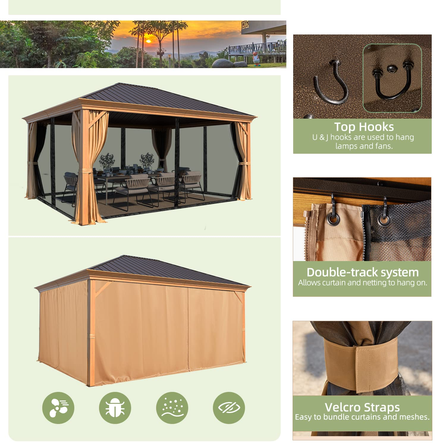 12' x 16' Hardtop Aluminum Gazebo with Wood Grain Finish - Permanent Outdoor Canopy for Garden, Deck, Patio & Backyard Parties | Weather-Resistant Shelter for Outdoor Dining & Relaxation