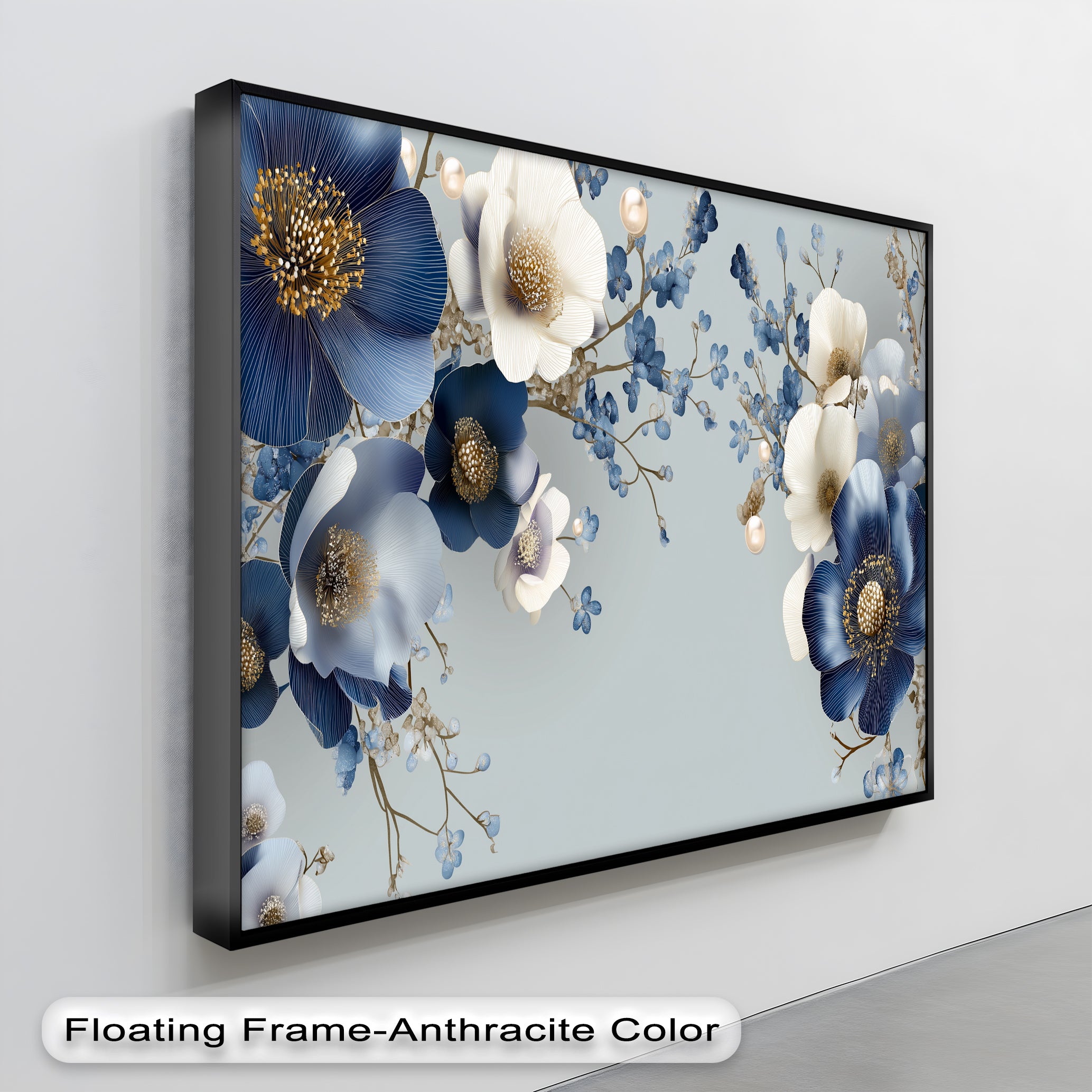 Blue and Ivory Floral Fantasy with Pearls Canvas Wall Art - Elegant Home Decor for Living Room, Bedroom & Office