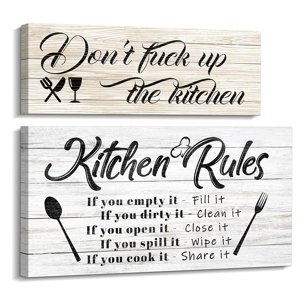 Funny Inspirational Quote Kitchen Rules Wall Art - 8x16 Inch Rustic Farmhouse Canvas Print for Modern Home Decor | Perfect for Kitchen, Dining Room & Housewarming Gifts