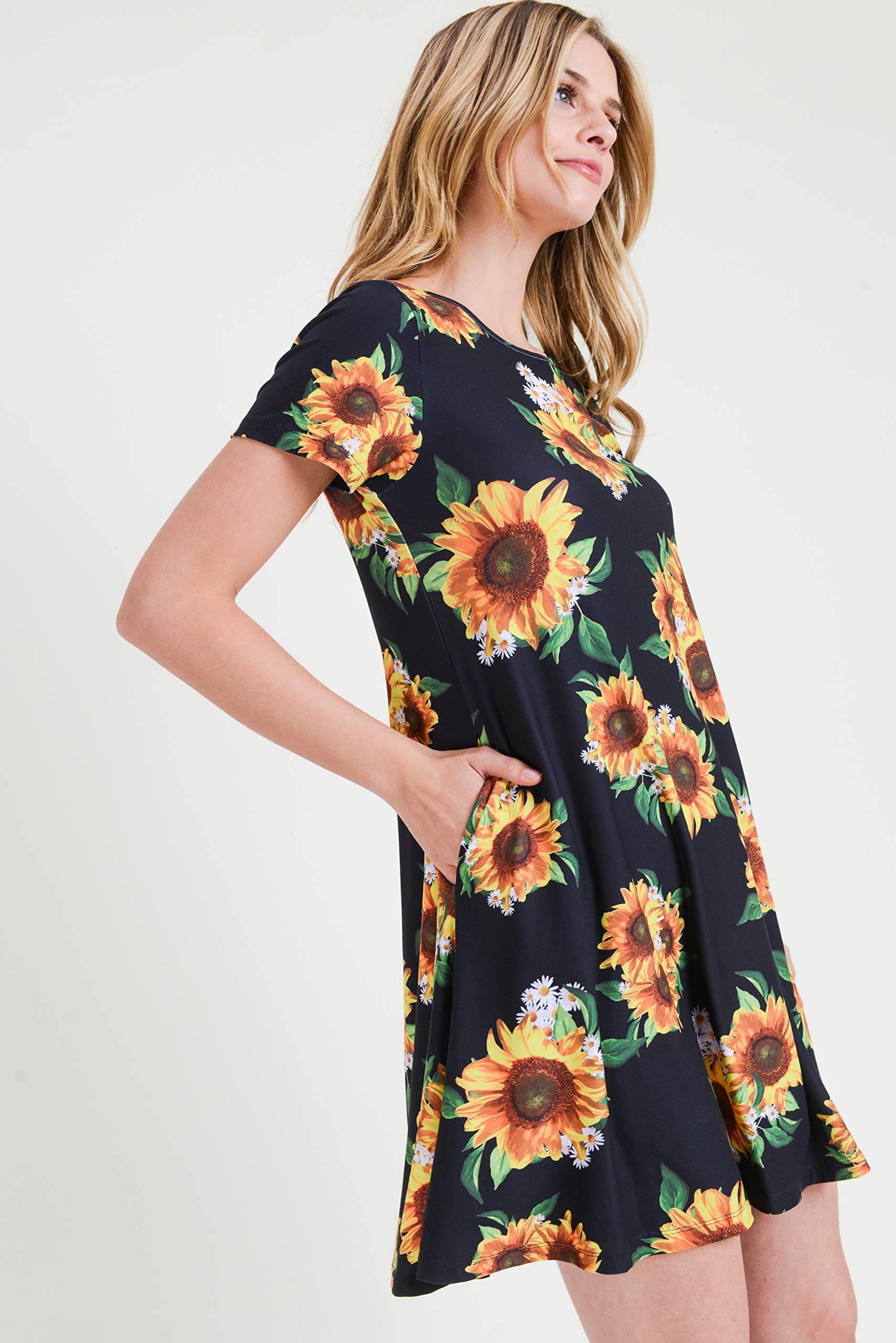 ICONOFLASH Women's Floral Print Casual Summer Dress with Pockets - Short Sleeve Comfortable A-Line Sundress for Beach, Vacation & Everyday Wear