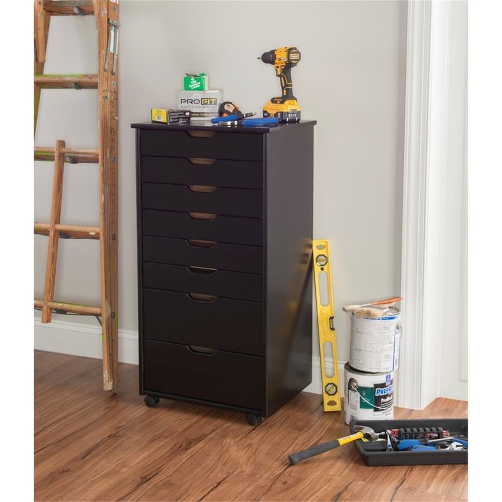 8-Drawer Black Wooden Rolling Storage Cart - Mobile Organizer for Bedroom, Office, or Craft Room - Transitional Style with Smooth Wheels