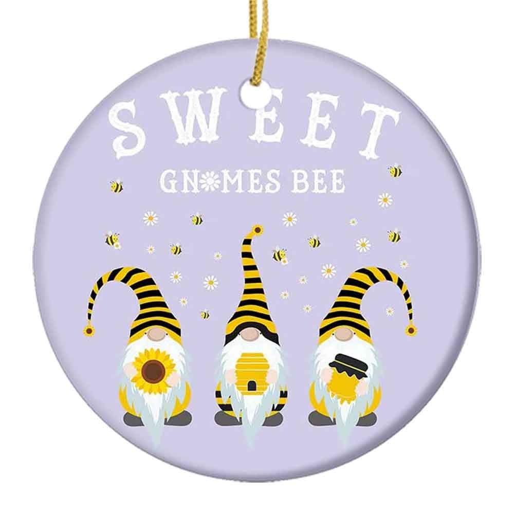 Sweet Gnomes Bee Dwarf Daisy Purple Ceramic Christmas Ornaments - 2.85 Inch Cute Holiday Tree Decorations for Xmas, Home, Party & Gift Giving