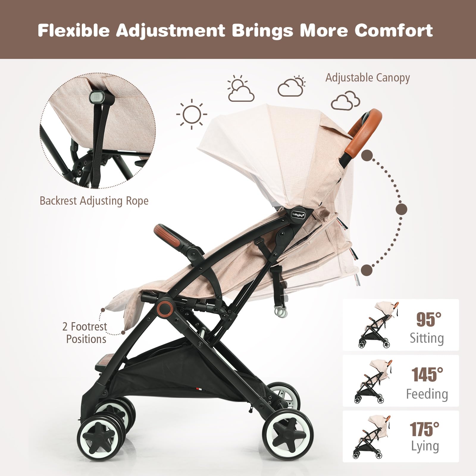 BABY JOY Lightweight Compact Baby Stroller for Travel - Airplane Approved Infant Stroller with 5-Point Safety Harness, Adjustable Backrest & Canopy, Storage Basket | Easy One-Hand Fold Beige Stroller for Newborns & Toddlers | Perfect for Air Travel, Shopping & Daily Walks