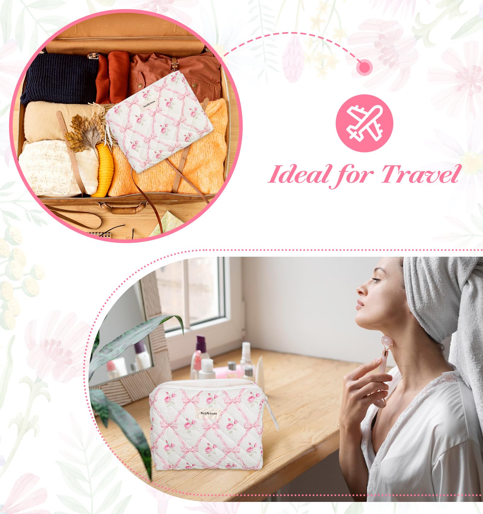 Floral Makeup Bag for Women - Large Quilted Cosmetic Pouch with Pink Bow Design, Travel Toiletry Organizer for Girls | Perfect for Travel, Gym & Everyday Essentials Storage