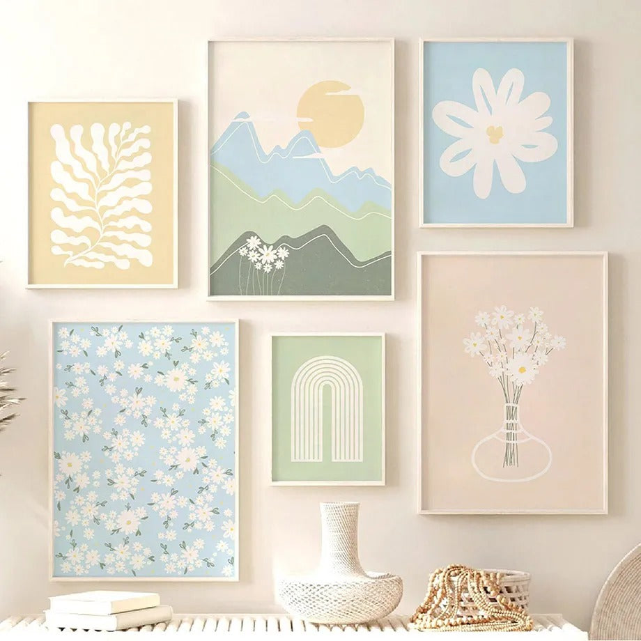 Pastel Aesthetic Canvas Wall Art - Cute Handmade Drawings for Home Decor, Bedroom, Living Room & Office