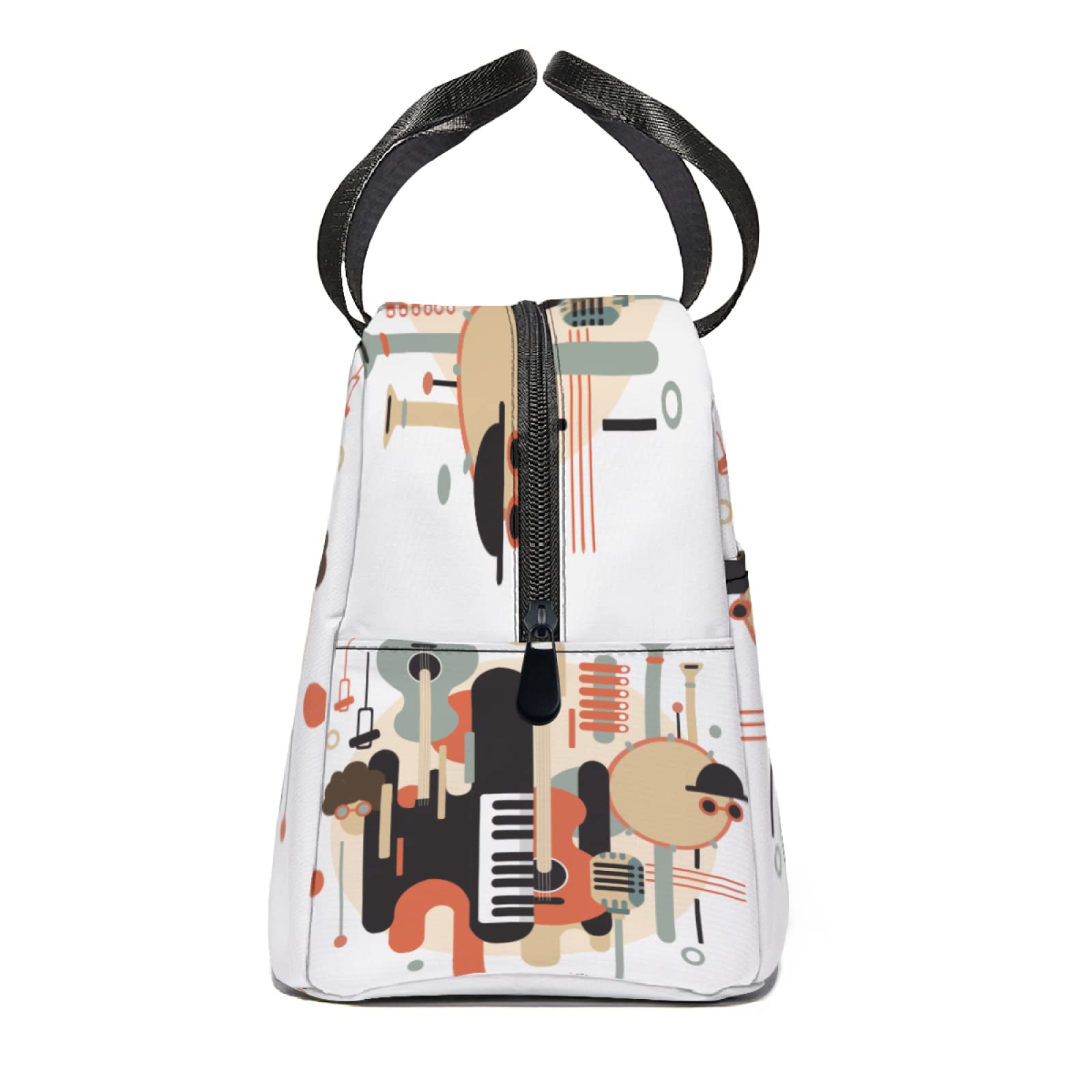 Vintage Musical Instrument Print Lunch Tote Bag - Insulated Reusable Lunch Box with Front Pocket for Women & Men | Perfect for School, Office, Picnic & Music Lovers (Piano, Guitar Design)