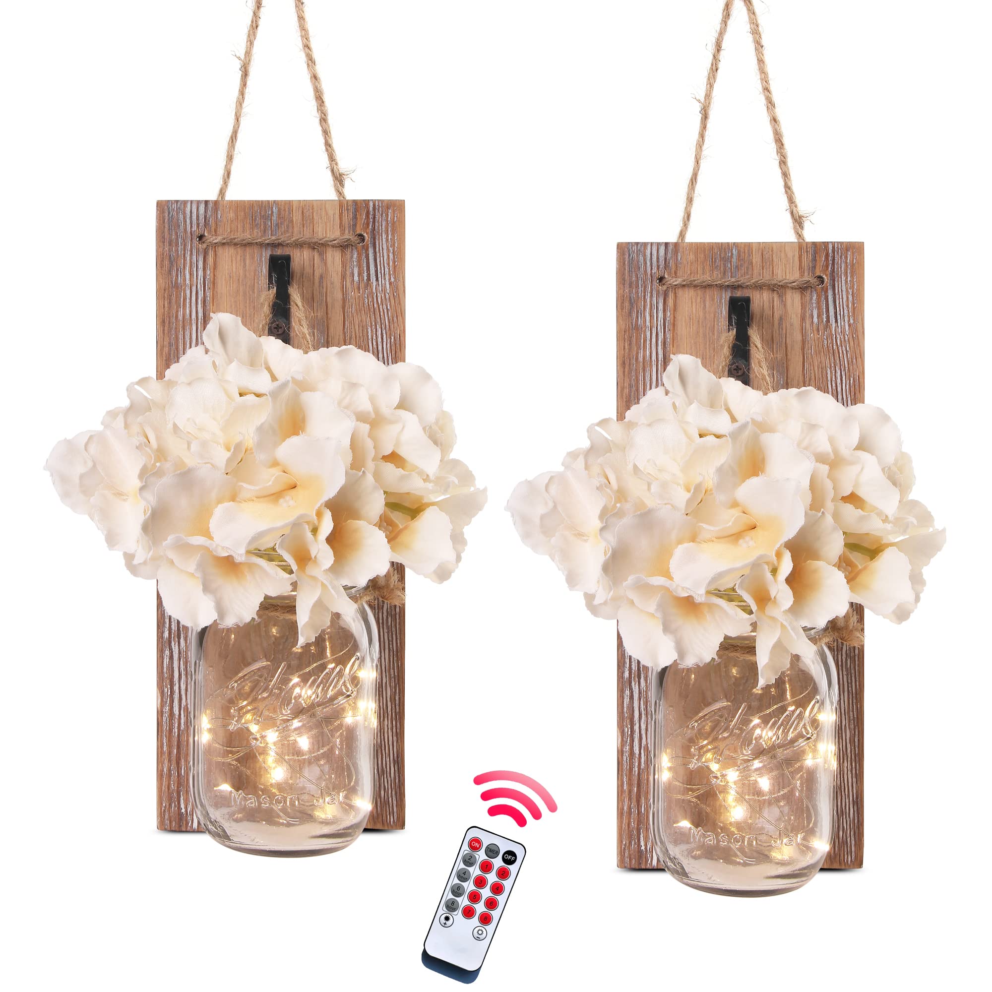 Set of 2 Mason Jar Wall Sconces with LED Fairy Lights - Rustic Brown Wall Decor for Living Room, Bedroom & Kitchen | Farmhouse Style Home Decor, Candle Holder Alternative, Cozy Ambiance Lighting