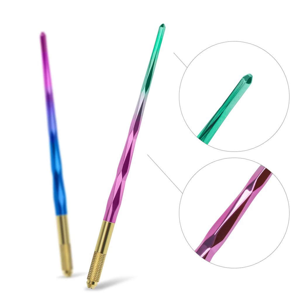 5PCS Microblading Eyebrow Tattoo Pens for Permanent Makeup - Includes 10 Round & 10 Oblique Needles (Blue & Purple) - Professional Eyebrow Styling & Microblading Tools for Salon & Home Use