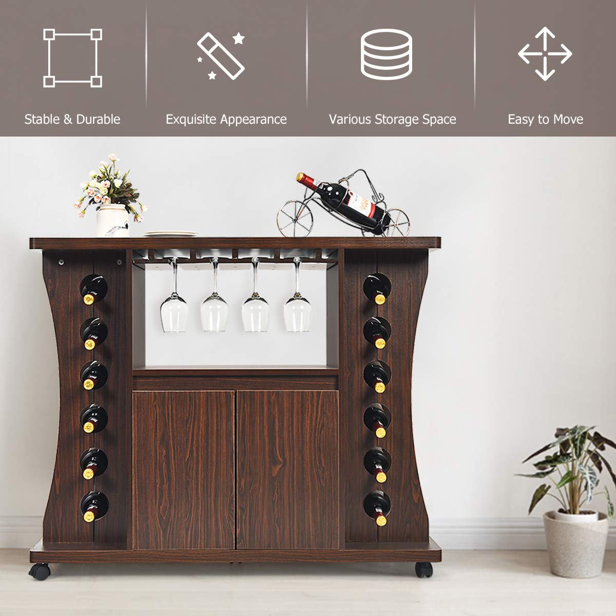 Giantex 12-Bottle Rolling Bar Cabinet with Glass Holder - 2-Door Mobile Buffet Sideboard with Storage for Wine, Liquor & Kitchen Essentials - Perfect for Dining Room, Living Room & Home Entertaining (Brown)