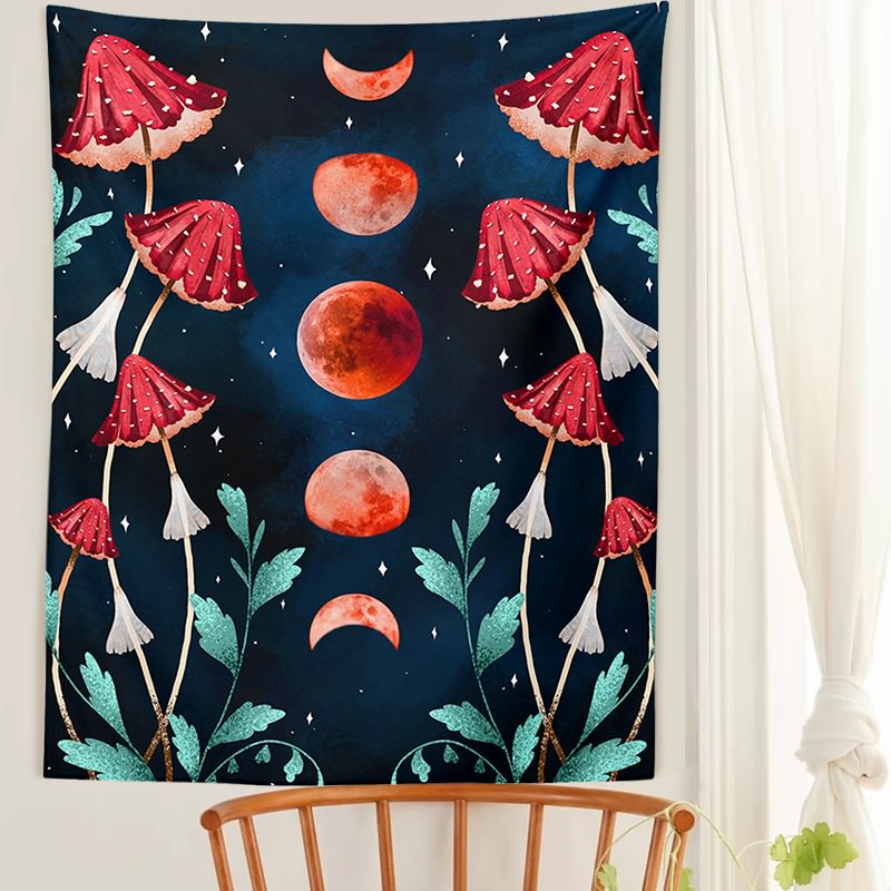 Red Moon Mushrooms Tapestry - Psychedelic Wall Hanging Decor for Bedroom, Living Room & Dorm - Unique Trippy Mushroom Art Print for Hippie Aesthetic & Boho Home Decor