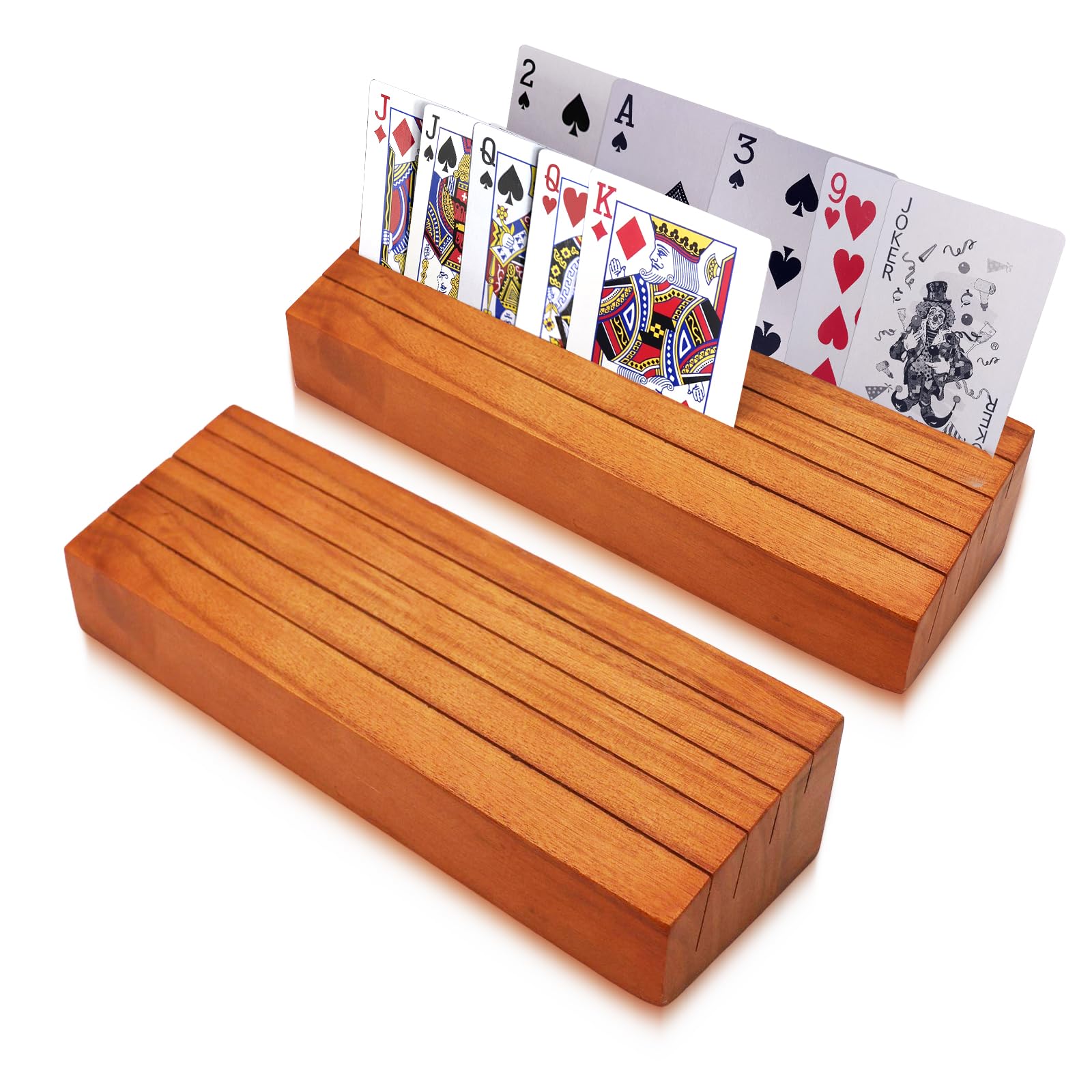 Premium Wooden Playing Card Holders - Hands-Free Deck Stand for Kids & Seniors - 2 Pack Card Organizer Trays - Perfect for Poker, Blackjack, Solitaire & Family Game Nights