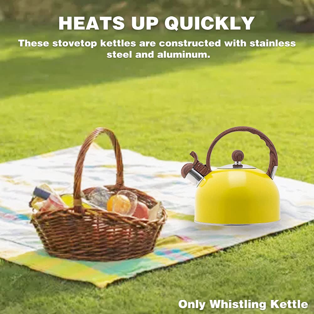 Premium 2.5L Stainless Steel Whistling Tea Kettle for Stovetop - Wood Grain Handle with Loud Whistle - Yellow - Perfect for Home, Office & Camping Tea Brewing