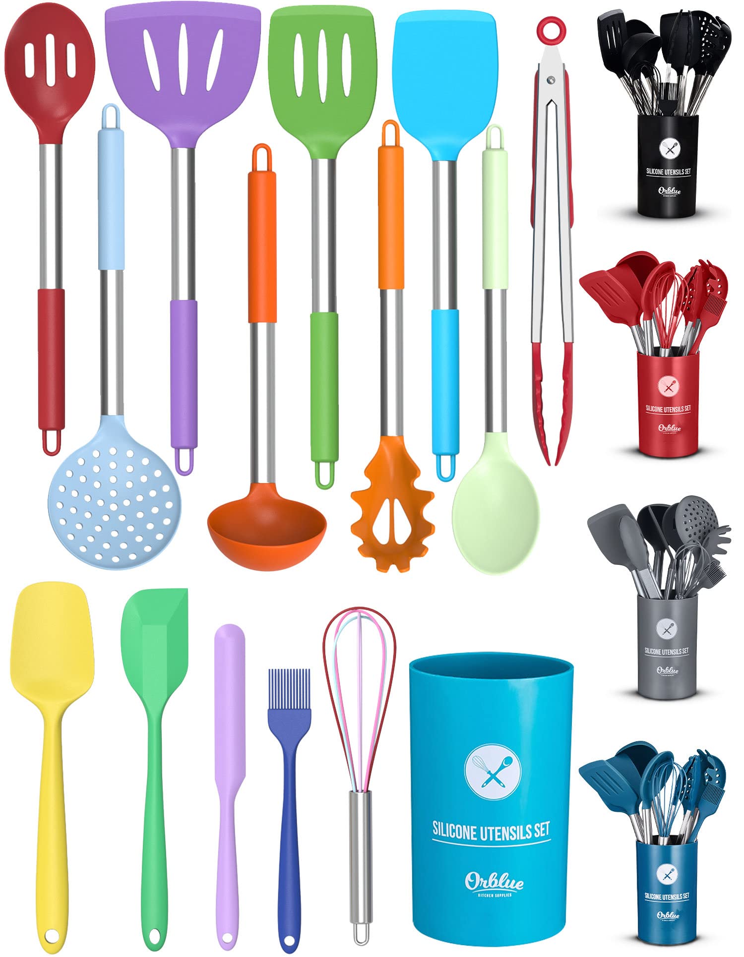 ORBLUE 14-Piece Silicone Cooking Utensil Set with Holder - Food-Grade Silicone Heads & Stainless Steel Handles - Heat-Resistant Kitchen Tools for Baking, Cooking, Grilling - Perfect Gift for Home Chefs