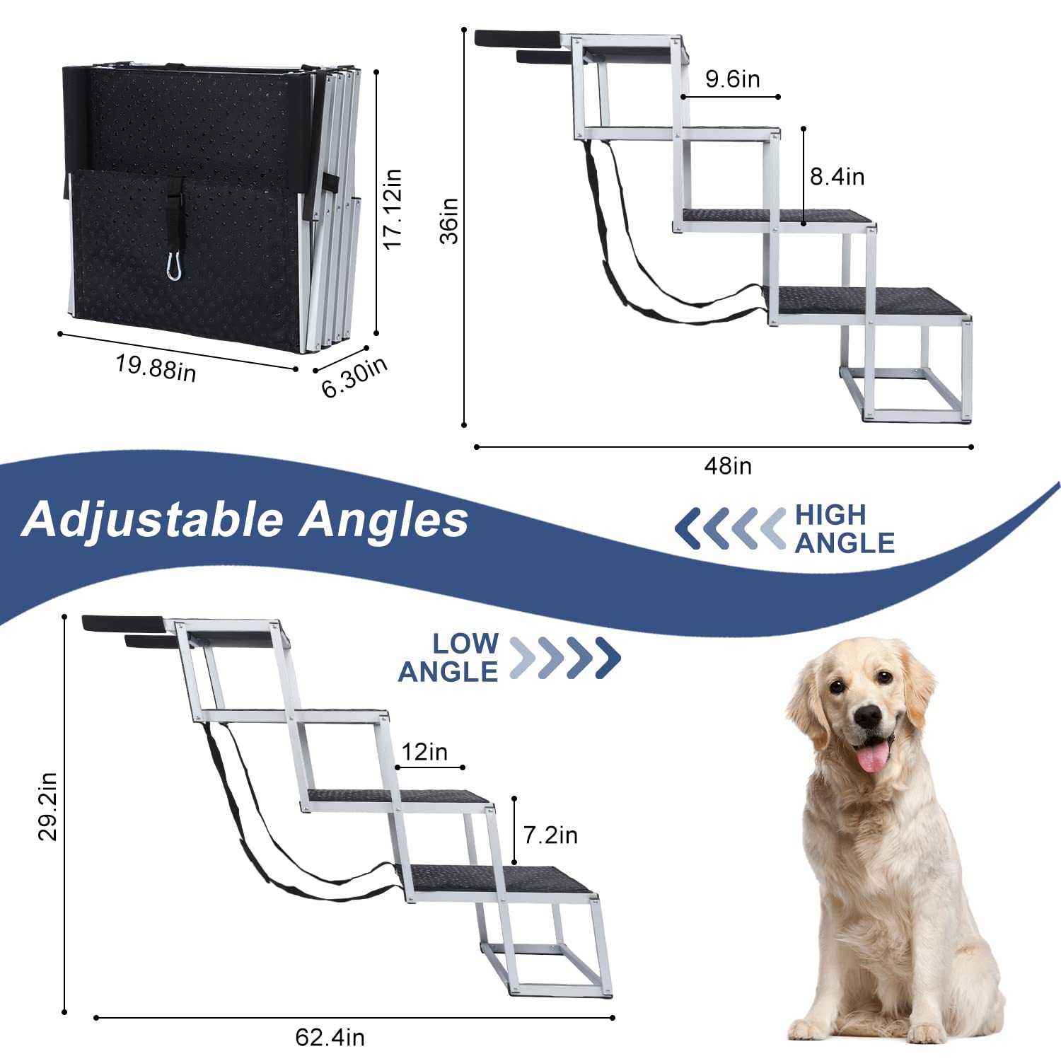 Extra Wide Foldable Dog Stairs for Large Dogs - 4 Step Aluminum Pet Ramp with Non-Slip Surface, Supports Up to 200 lbs - Perfect for High Beds, Trucks, Cars & SUVs | Indoor/Outdoor Use for Elderly & Disabled Pets
