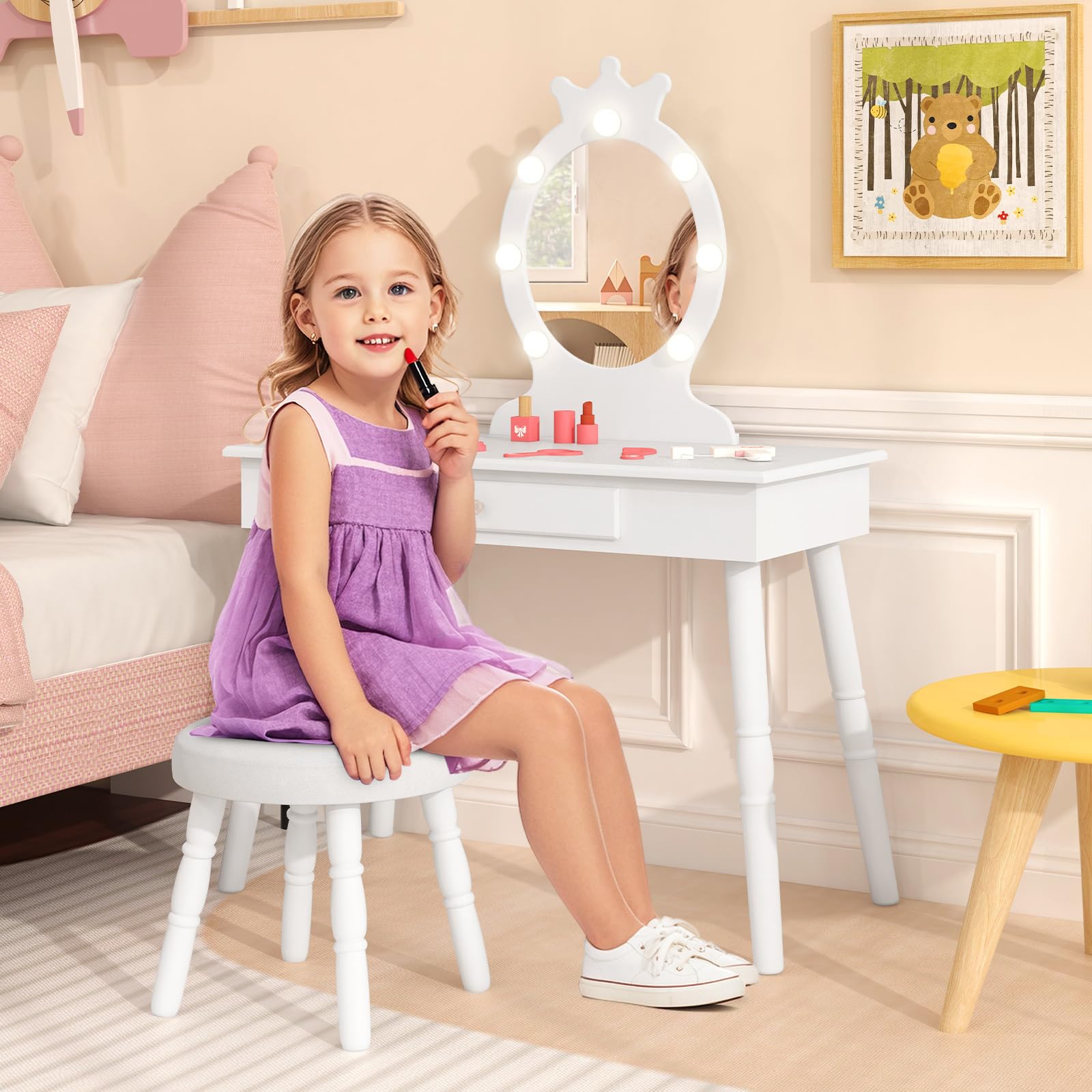 HONEY JOY Kids Vanity Set with LED Lights - Princess Wooden Makeup Table & Stool with Drawer, 3-Color Adjustable Lighting, Toddler Dressing Vanity for Girls Ages 3-8, Pretend Play Furniture for Bedroom & Playroom (White) - Perfect for Birthday Gifts & Role Play Activities