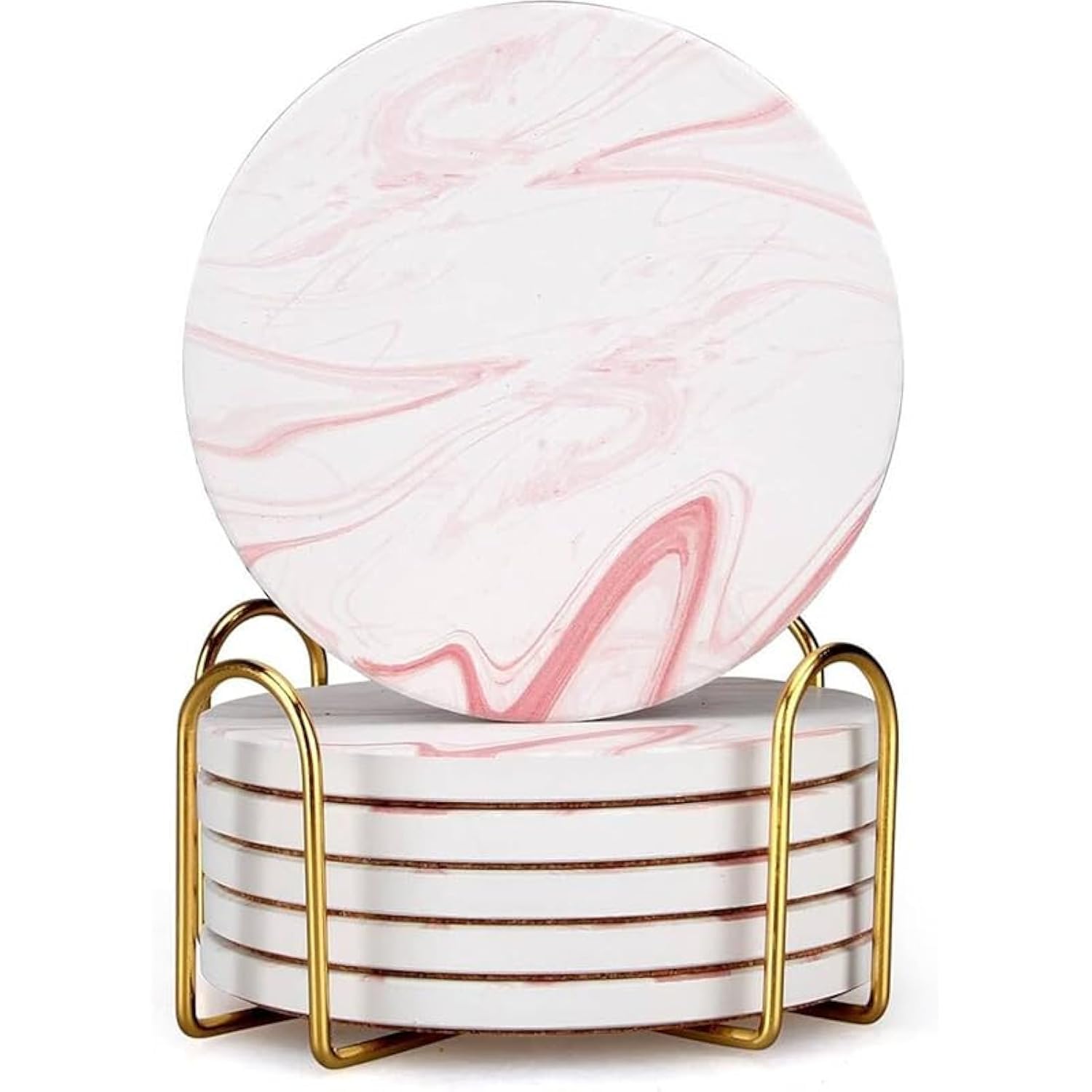 Pink Marble Coasters Set of 6 - Absorbent Ceramic Drink Coasters with Holder for Coffee, Tea & Beverages - Elegant Home Decor for Kitchen, Bar, Office & Dining Table - Perfect Gift Idea for Housewarming & Hostess